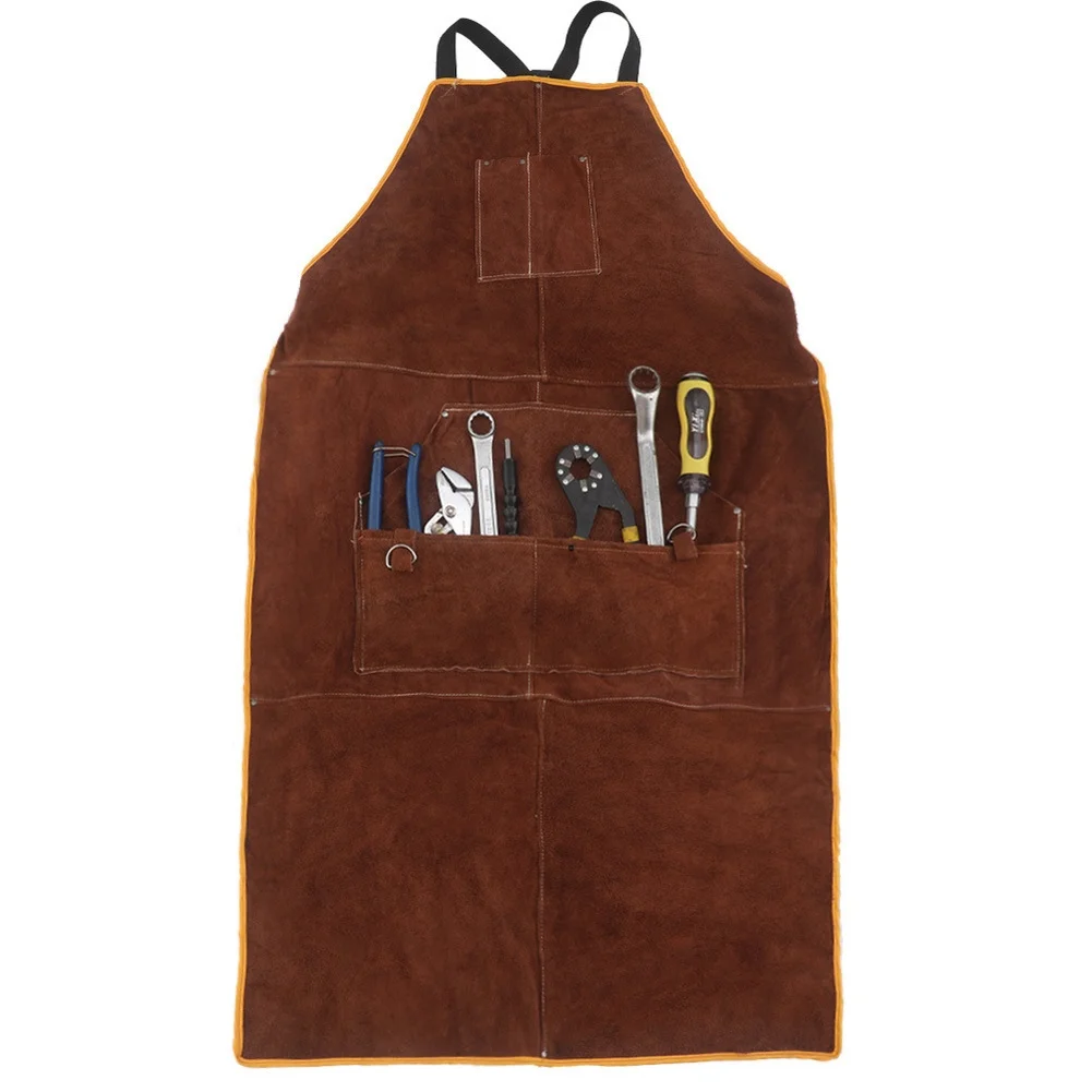 Cowhide Leather Welding Apron Heat Resistant Flame Retardant Adjustable With Pockets For For Blacksmith For Grilling For Forge W