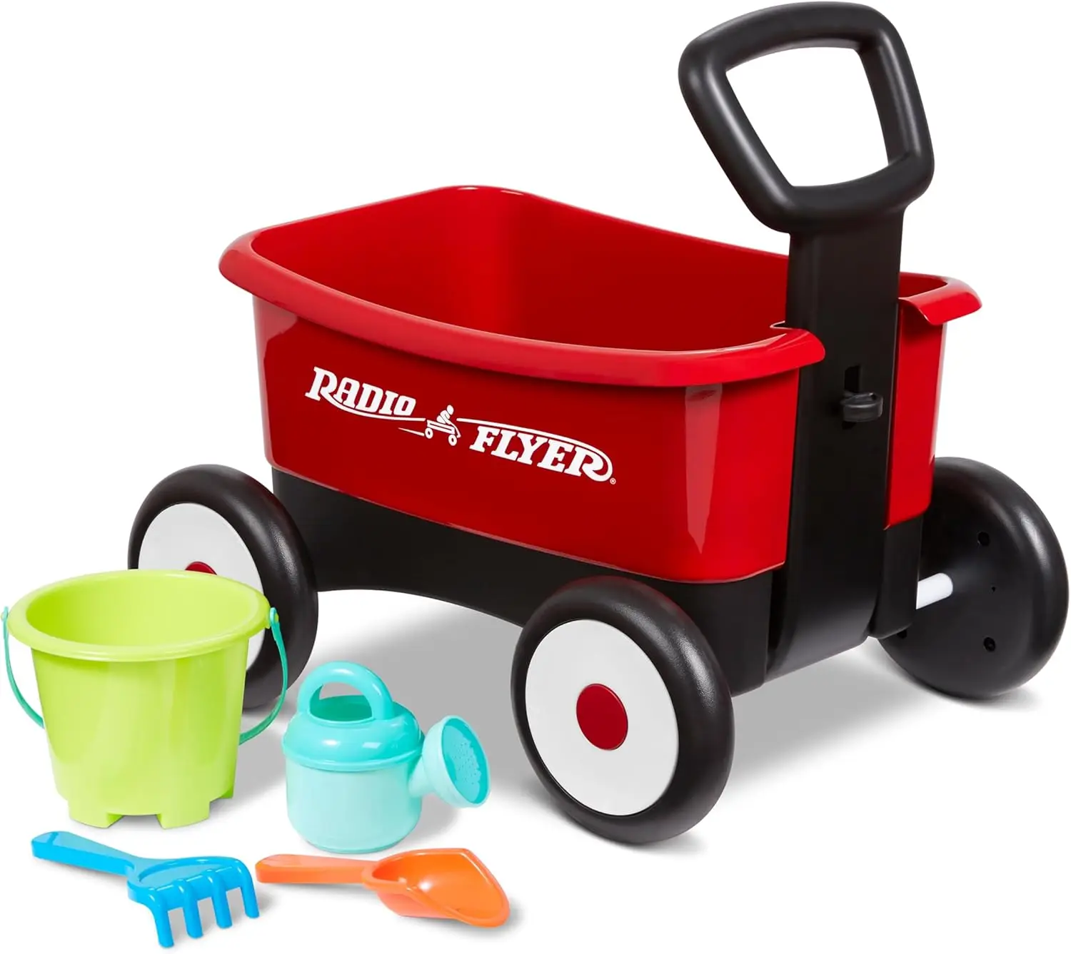 

Push-pull baby walker with gardening tools, red, suitable for children aged 1-4 years.