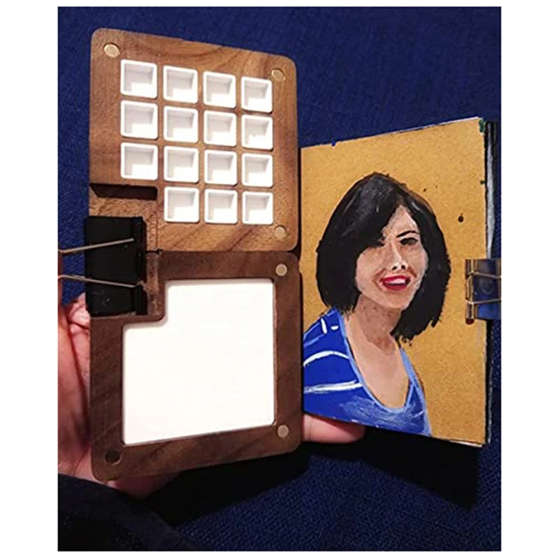 1Set tavolozza di schizzi portatile 15 griglie Mini tavolozza di colori da viaggio in legno scatola di tavolozza magnetica in legno per pittura ad acquerello