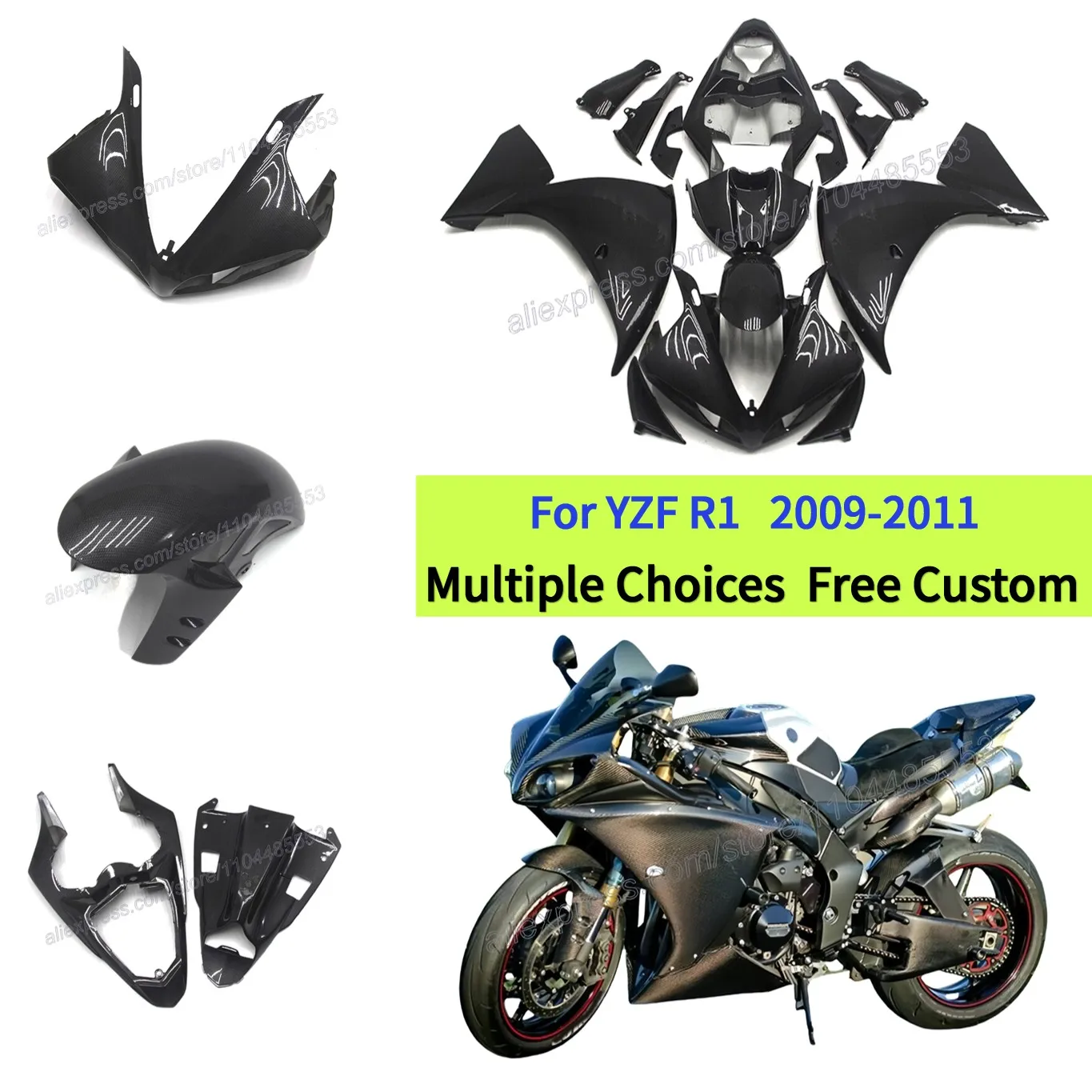 

YZF R1 09-11 Carbon Fibre Fairing Kit | Black Twill glossy Bodykit for Yamaha R1 2009 2010 2011 ABS Plastic Replacement Panels