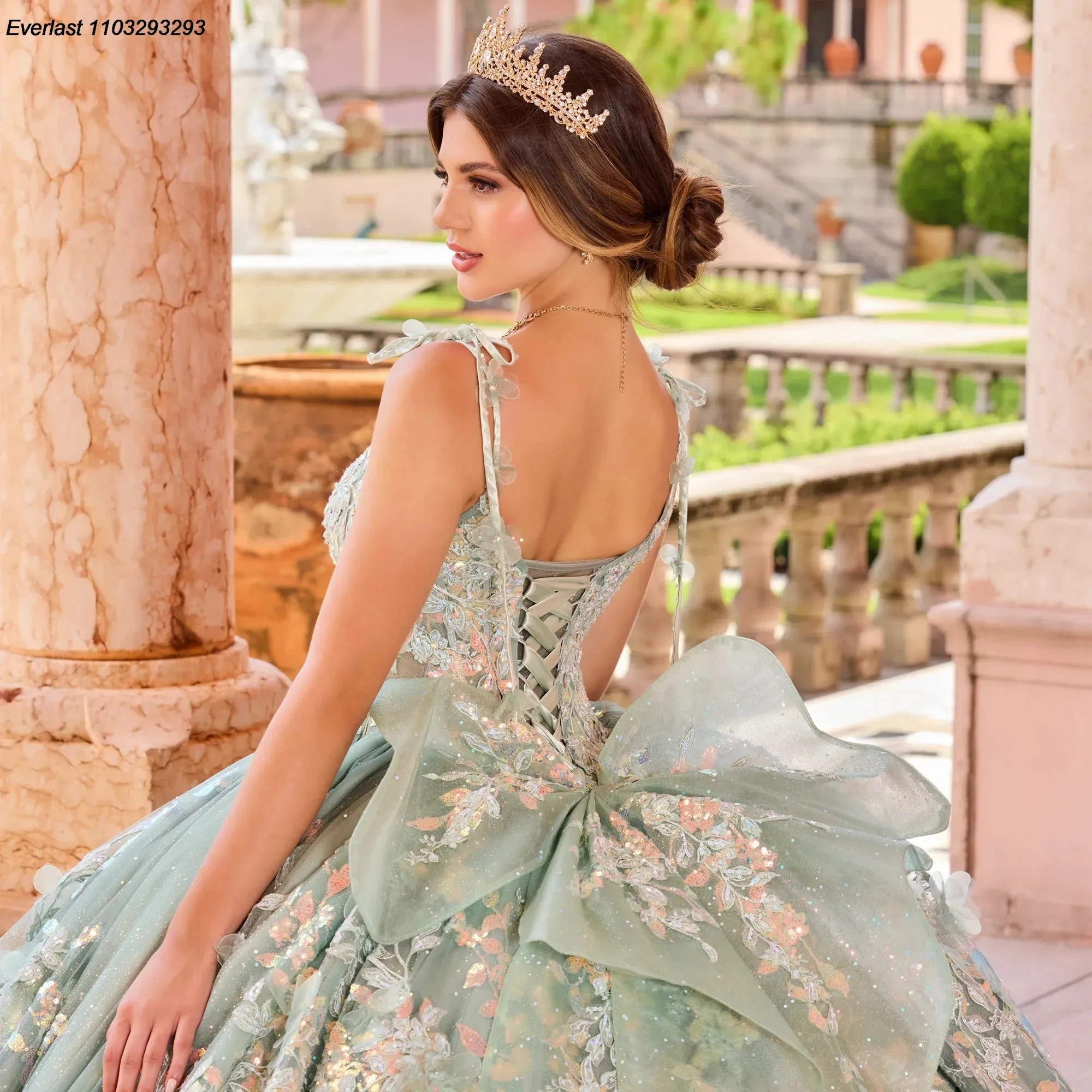 EVLAST-Robe de Rhprincesse, robe Quinceanera verte sauge, appliques en dentelle, corset spaghetti perlé, Sweet 16, TQD267