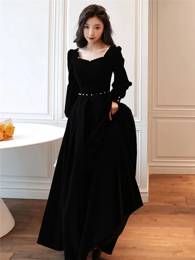 Black Velvet Dress Female Autumn Winter New Solid Color Beaded Square Neck Long A-line Skirt Fashion Women\'s Clothing M166