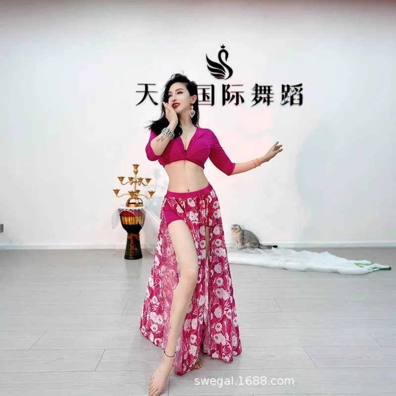 customized belly dance costumes practice suit set tied top green printed chiffon large swing skirt Oriental dance large size