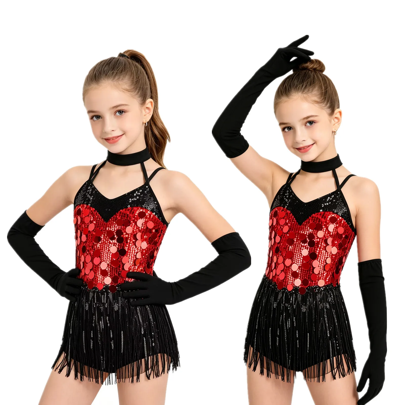Kids Girls Halter Shiny Sequins Tassels Latin Jazz Dance Bodysuit Dress with Gloves Cha-cha Samba Rumba Tango Ballroom Dancewear