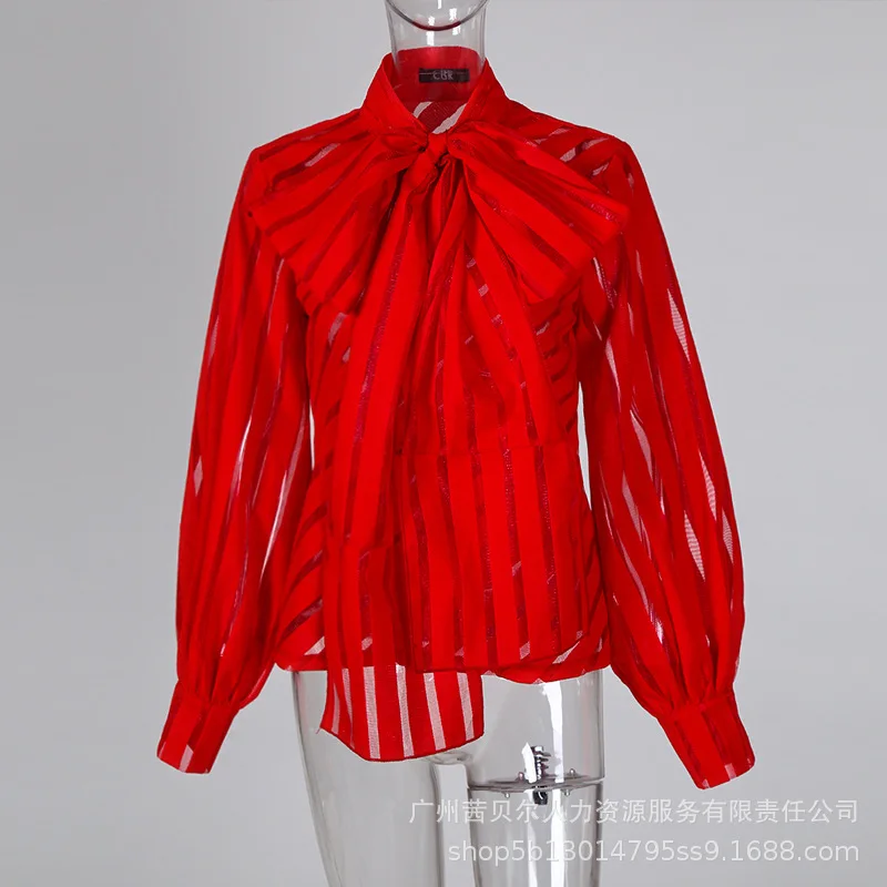 Camicie da donna europee americane rosse nere tinta unita casual alla moda manica lunga lanterna eleganti camicie con fiocco abiti femminili 2025 top