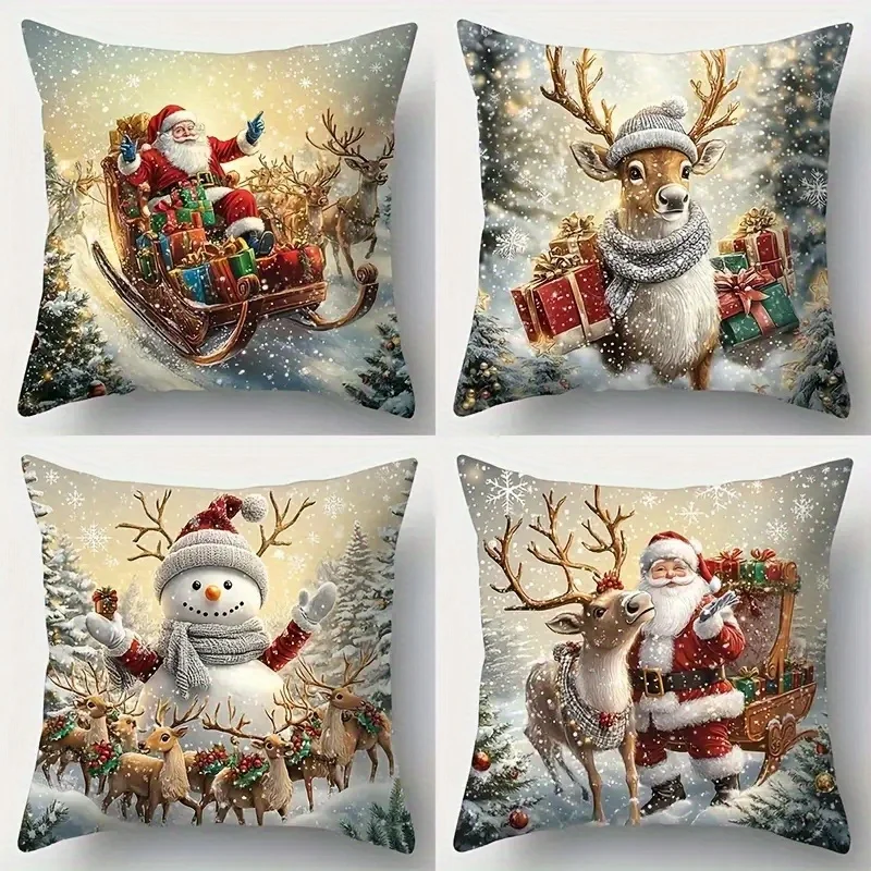 Christmas Pillowcase 4pcs, 2D Flat Single-Sided Print Short Plush, Non-Embroidered Machine Washable for Multi-Holiday Decor