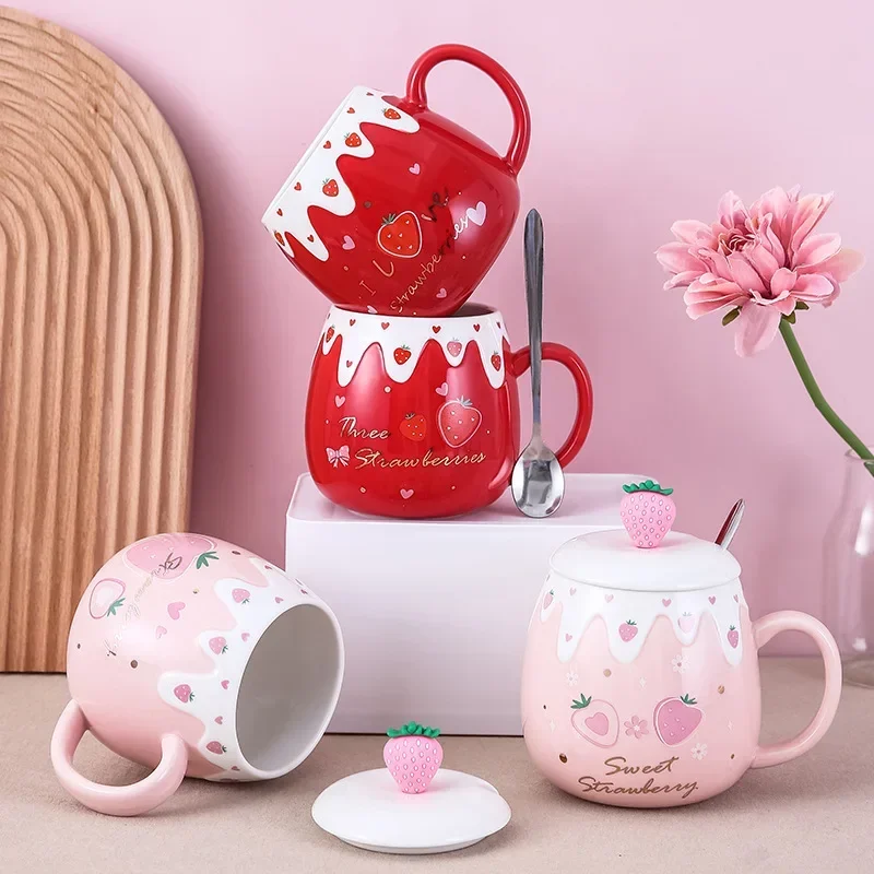 1pc 450ml Cute Strawberry Ceremic Cup with Lid Spoon Water Cup Coffee Mug Creative Gift Easy To Clean Summer Winter Drinkware