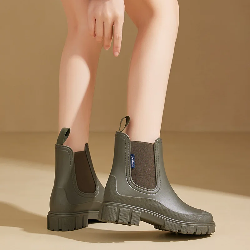 Damesmode Chelsea Regenschoenen Dikke Zool Waterdichte Elastische Band Waterschoenen Anti-Slip Rubber Schoenen Waterdichte Werkschoenen