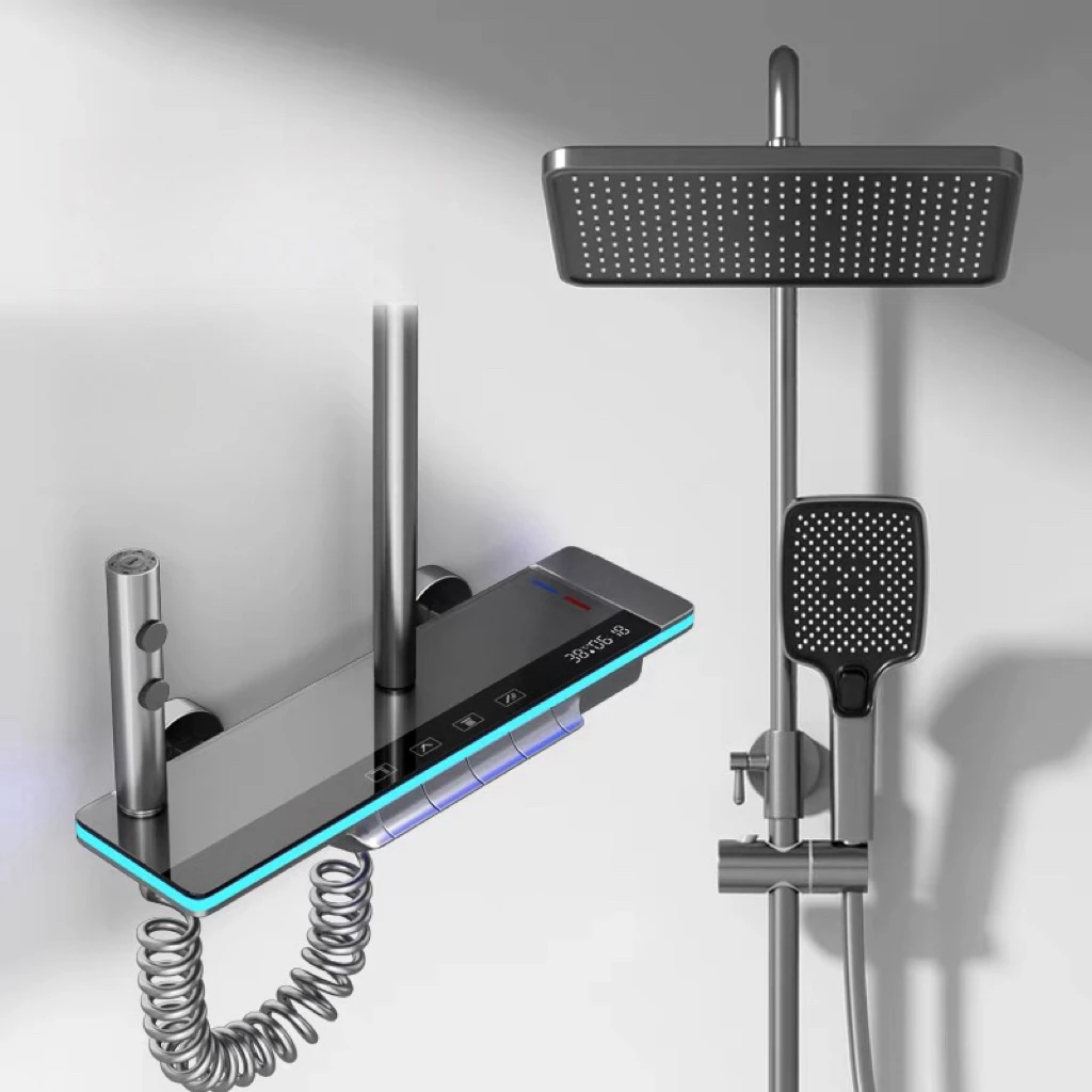 Image 3: Ensemble de douche noir, salle de bains, mélangeur chaud et froid, mélangeur de douche, lumière ambiante numérique LED, système de douche mural gris pour baignoire