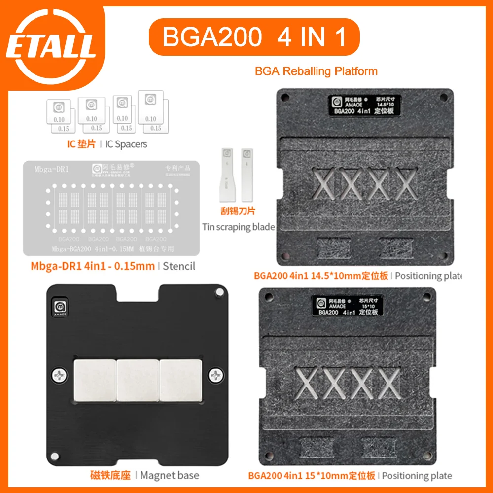 Amaoe Mbga-DR1 BGA-200 BGA200 Reballing Stencil Steel Mesh BGA 200 Balls Tin Planting MST6M182 K4F6E304HB LPDDR4 Chip