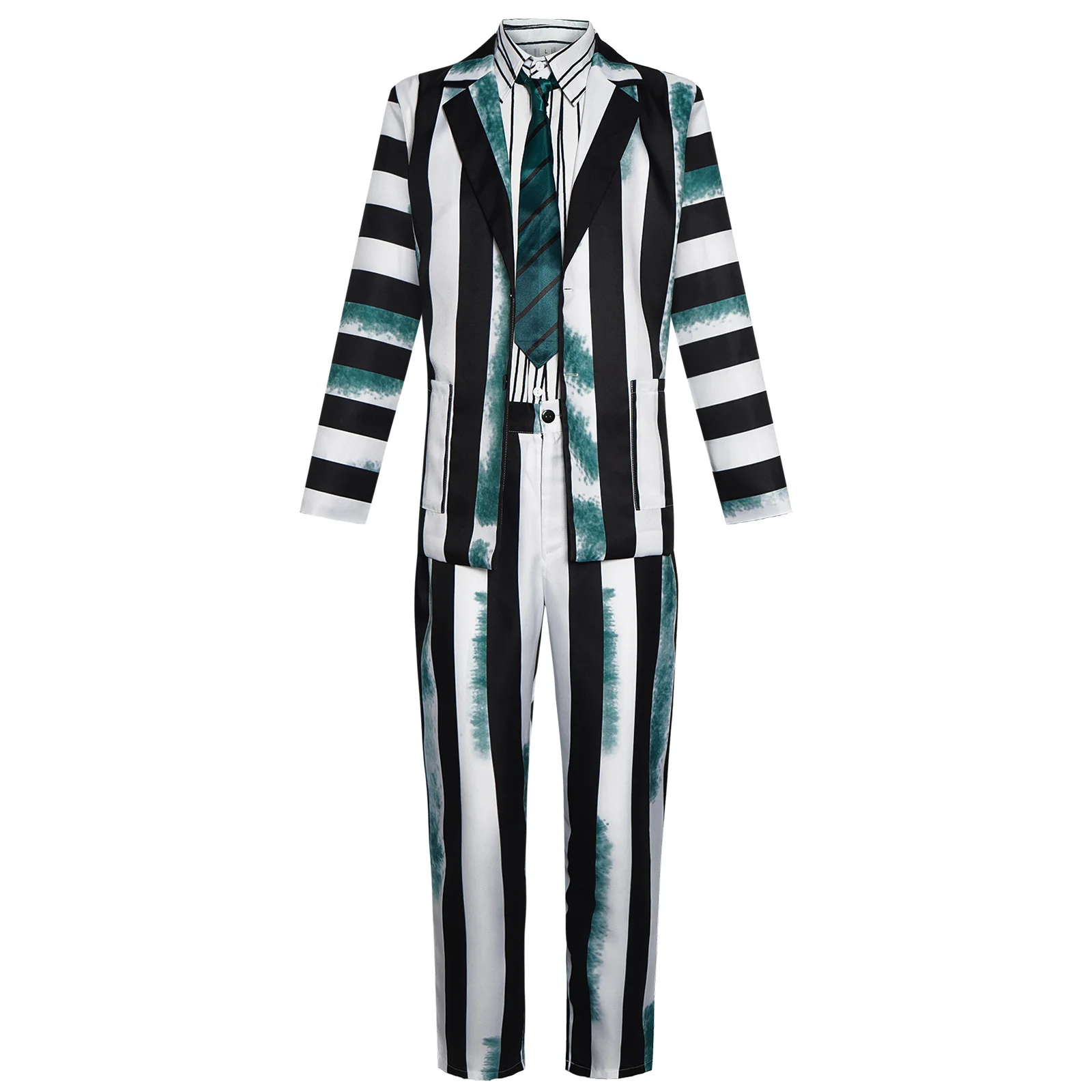 Infernal mage cosplay costume, Beetle juice, Michael Keaton green black and white striped cosplay stage performance costume