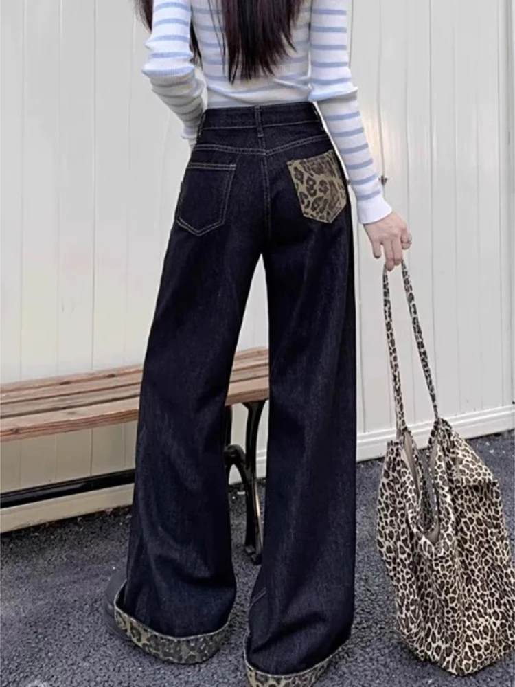 Baggy Jeans for Women Leopard Crimping Design Vintage Streetwear Cool Unisex Wide Leg Trousers Fashion American Style Versatile