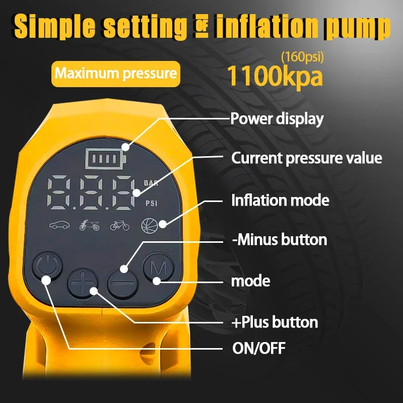 Pompa ad aria pneumatici per biciclette palle compressore d'aria portatile senza fili ricaricabile per gonfiaggio pneumatici per auto per batteria al litio Dewalt 18V 20V