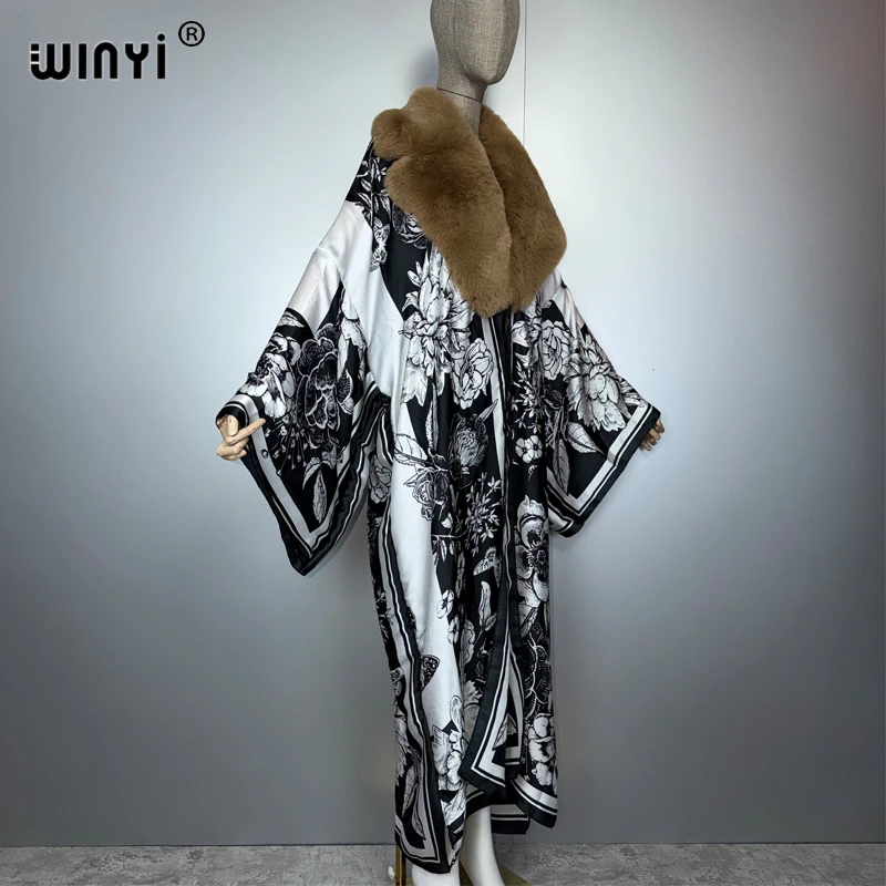 위니이 보헤미안 실크 느낌 기모노 인조 모피 칼라 코트 파티 드레스 아바야 두바이 럭셔리 무슬림 여성 패션 오픈 프론트 카프탄