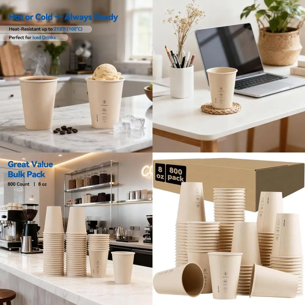 

8oz Disposable Paper Cups, 800 Pack - Natural Unbleached Bamboo Fiber for Hot & Cold Beverages, Ideal for Home and Parties