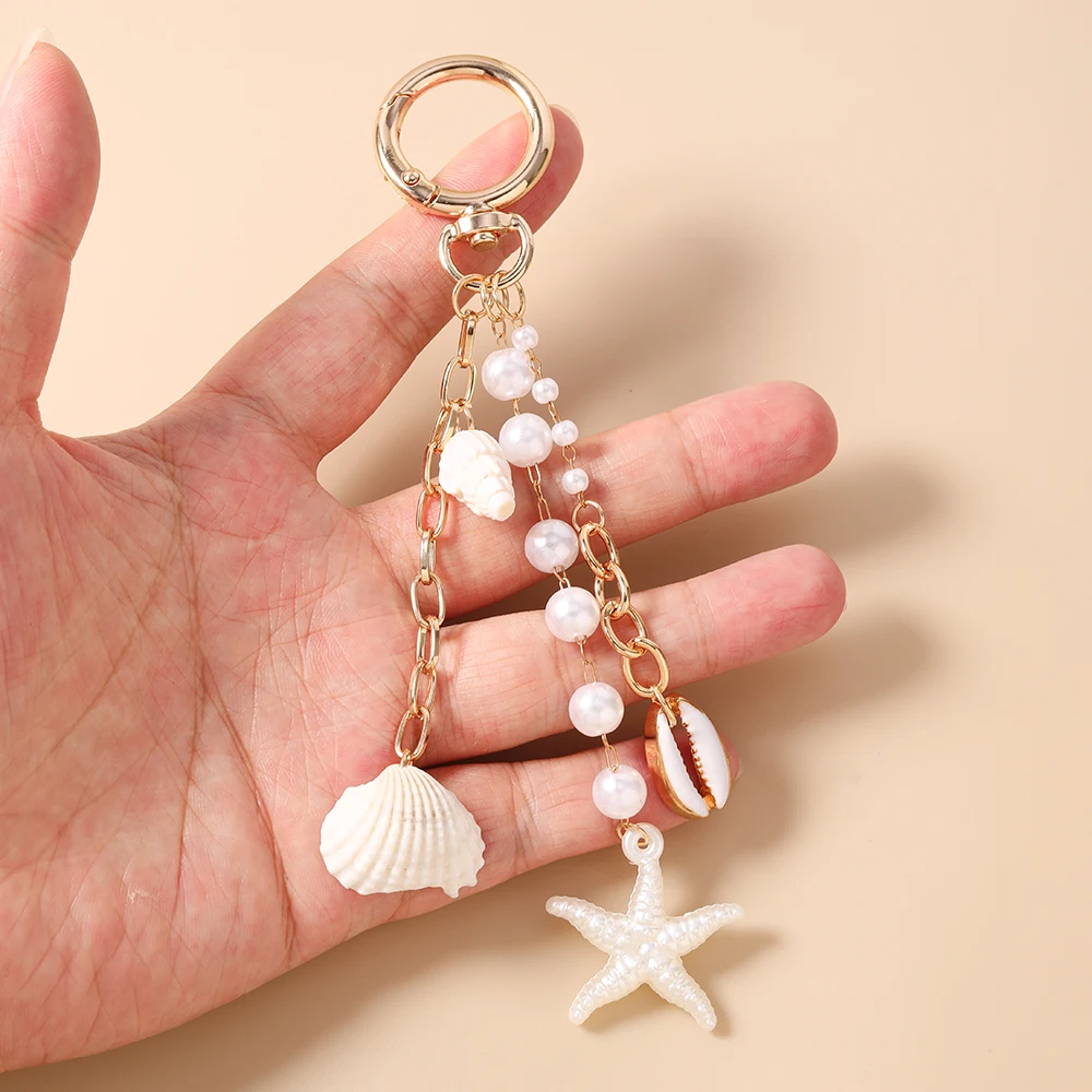 Niedliche handgemachte Perlen-Schlüsselanhänger mit Seestern- und Muschelanhänger für Frauen und Männer, Autoschlüssel, Handtaschen-Schlüsselanhänger, DIY-Schmuckzubehör – Detail 2