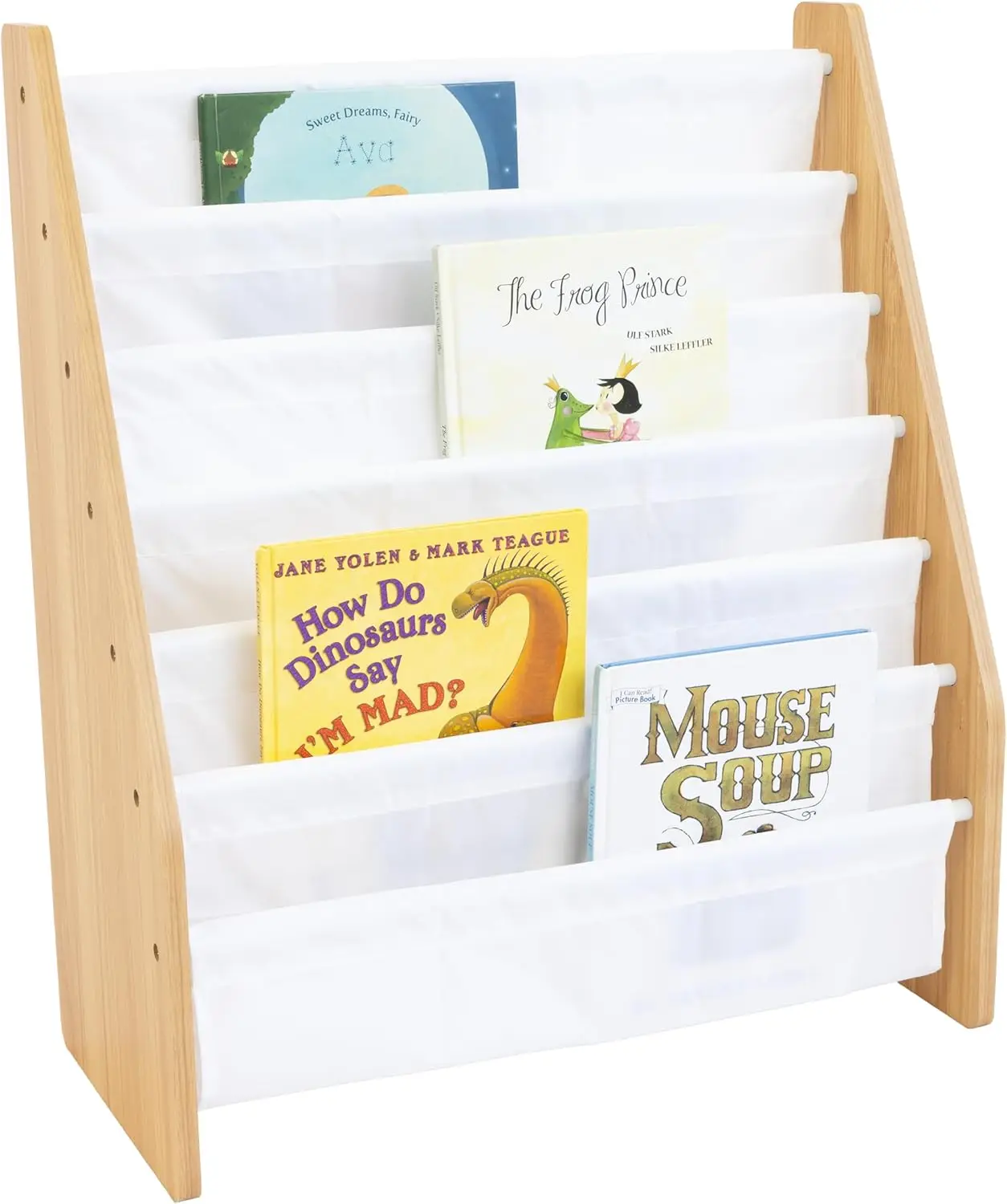 

6-Tier Kids Bookshelf with Fabric Pockets, Front-Facing Display for Children's Books, White/Natural Wood, Nursery Playroom
