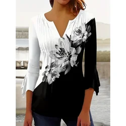 Spring and Autumn Women's Top Sexy V-neck Floral Print Long Sleeve Pullover Casual Commuter T-shirt