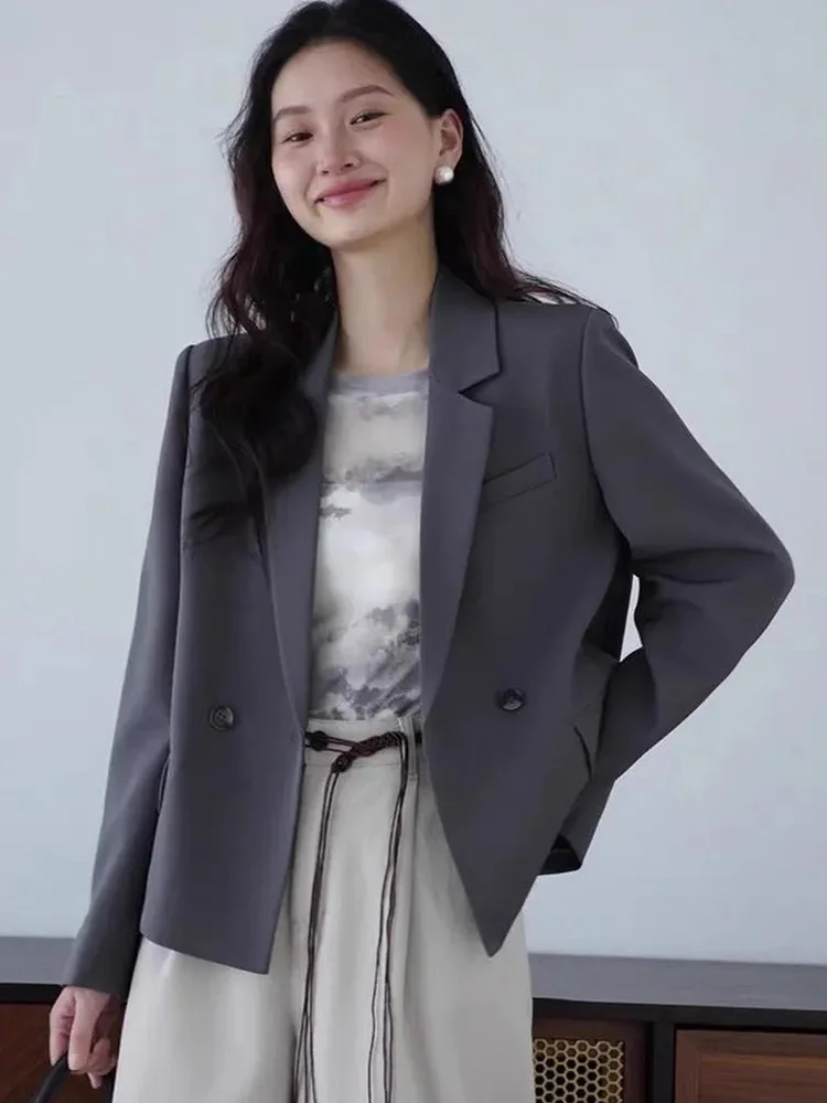 Spring Elegant Slim Blazer Women Vintage Korean Long Sleeve Casual Suit Coat Retro Solid Simple Double Buttons Office Lady Tops