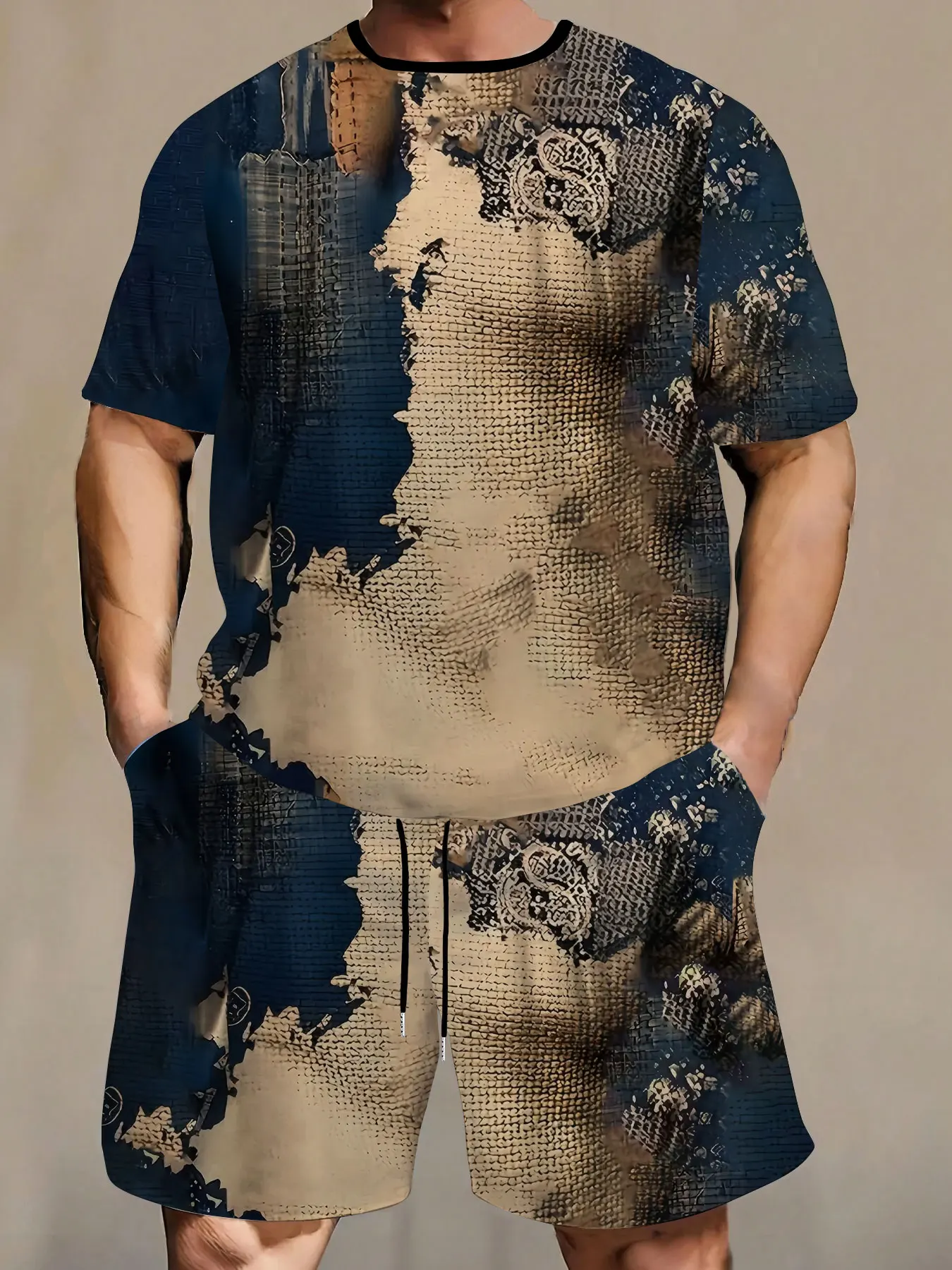 

Мужской летний комплект, спортивный акварельный принт, элитная модная повседневная дышащая футболка, впитывающая пот, шорты на шнурке, состоящие из двух предметов