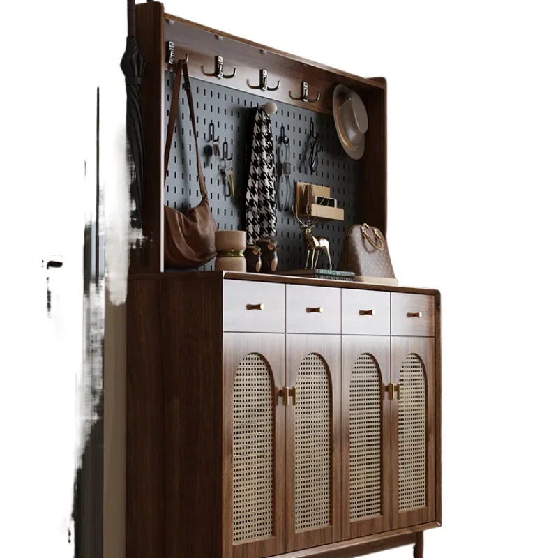 l2CL solid wood shoe cabinet with hole board hanger retro rattan integrated porch locker