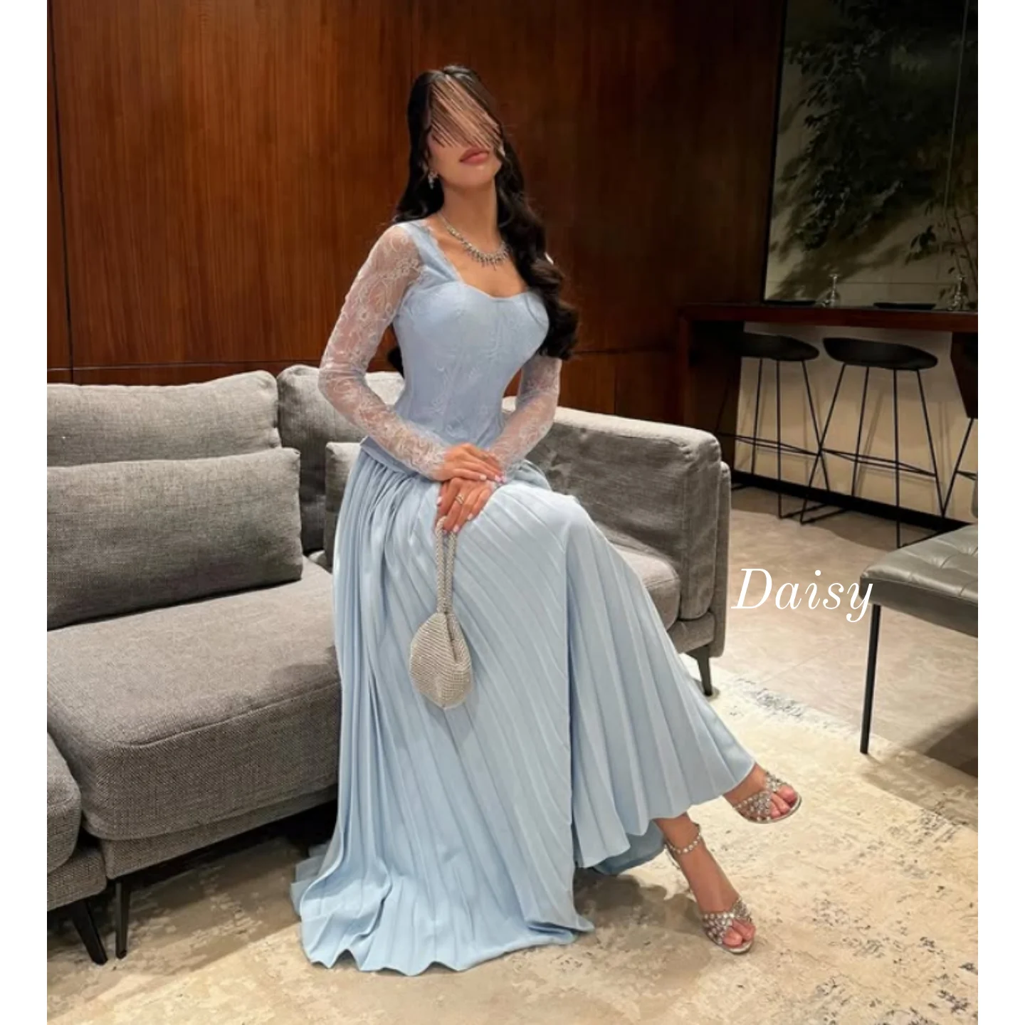 

Blue Lace Prom Dress Evening Gown Mermaid Long Sleeves Draped Wedding Party Gowns Maxi Dresses Customized فساتين سهرة