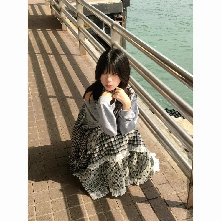 Elegant Retro Plaid Wave Point Skirts Lace Patchwork Ruffles A-line Skirt for Women Harajuku All-match Falda Sexy Mujer
