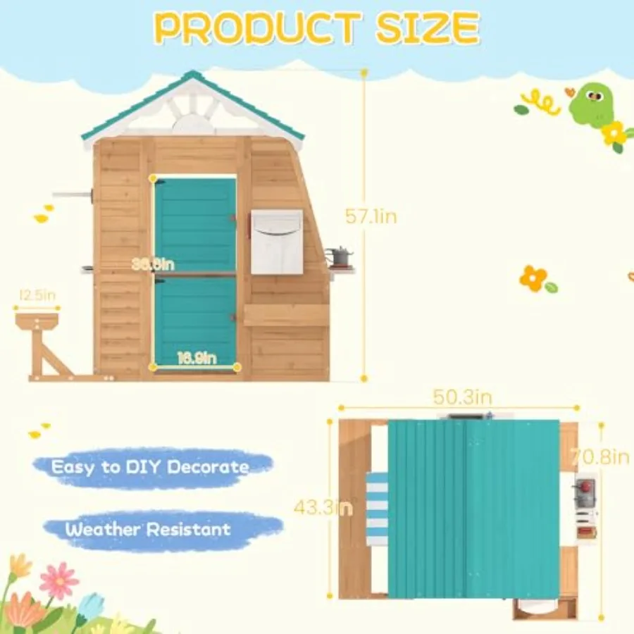 Outdoor playhouse for backyard use, made of Finnish spruce wood in natural wood color, featuring kitchen playset, mailbox, benc