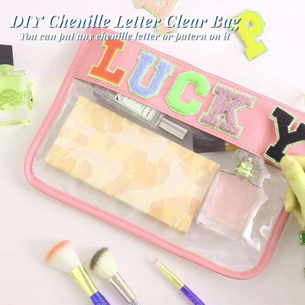 8PCS Clear Makeup Bags, Preppy Patch Clear Stuff Bag Snack Bag Stoney Clover Dupes Travel Makeup Bag with Zipper for Women