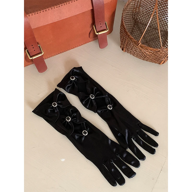 Black French Style Elegant Retro Hollow Satin Three Bow Long Gloves for Women