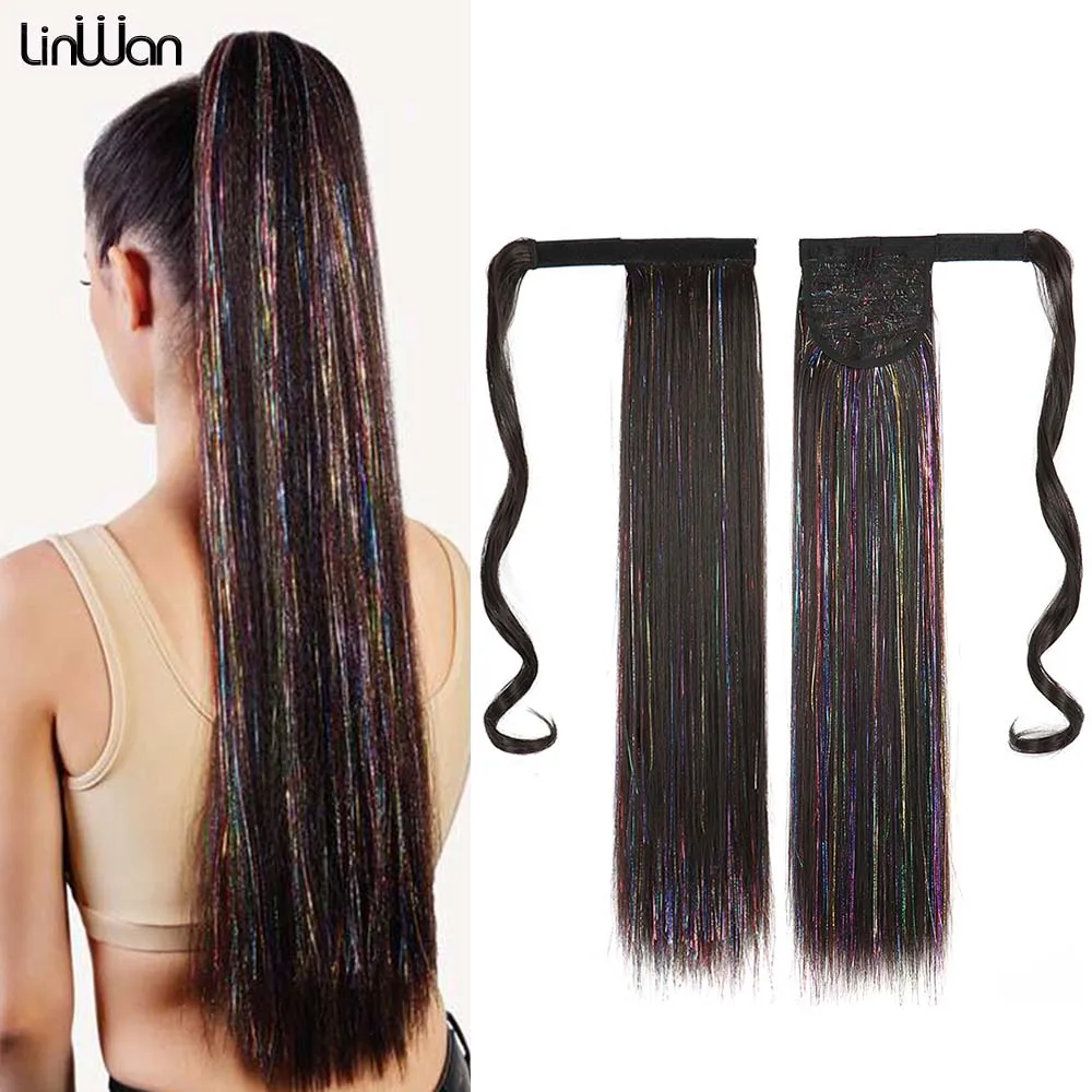 

Long Straight Wrap Around Clip In Ponytail Hair Extension Colorful Tinsel Laser Synthetic Pony Tail Fake Hair Women Hairpieces