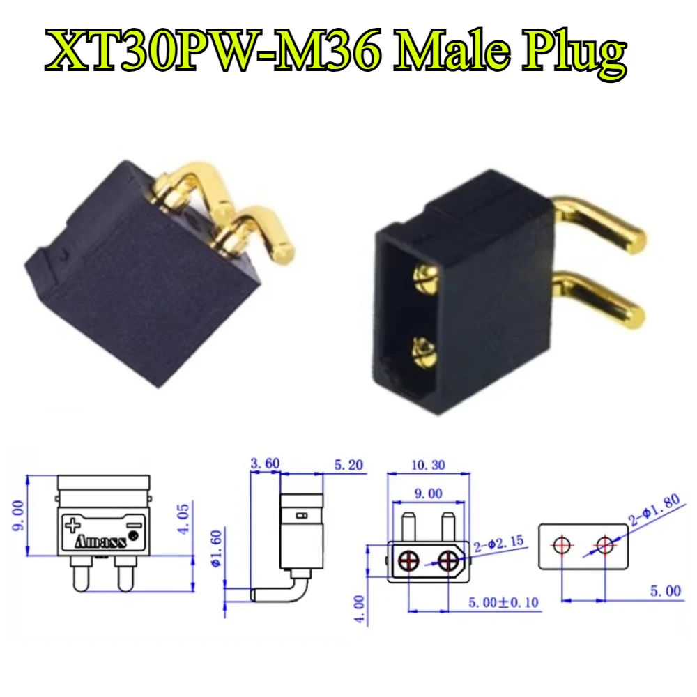 XT30PW-M36 Male Plug ESC Motor PCB Board Gold Plating Plug XT30 Upgrade Right Angle Plug Connector for RC Mode Battery Charger