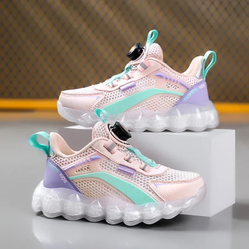 

Summer Sports Shoes For Boys Girls Rotary Buckle Design Casual Sneakers Kids Trainers Breathable Mesh Children's Running Shoes