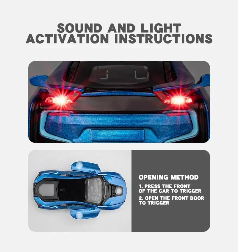 BMW I8 1:32 Super Sport Car, modelo de aleación de Metal fundido a presión, colección de simulación Pull Back, miniaturas para niños, sonido y luz, juguete de regalo