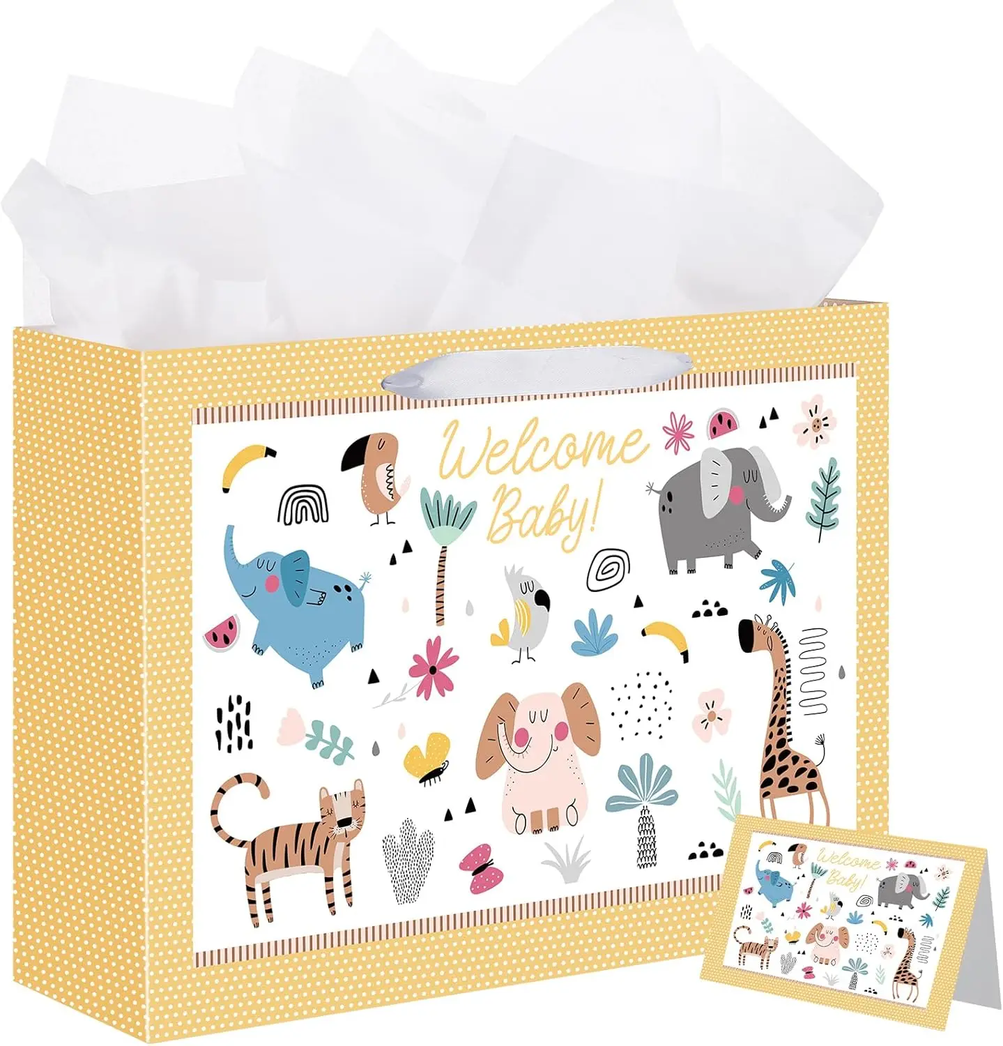 

Baby Shower Gift Bag with Tissue Paper & Greeting Card for Boys Girls Birthday Party 14.5" Cute Animals