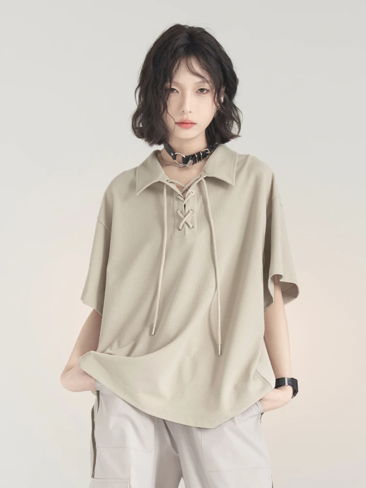 

Новая летняя женская футболка свободного кроя Ne со шнурком Генри Ирт Дизайн ор Све Повседневная Sle Полиэстер Спандекс