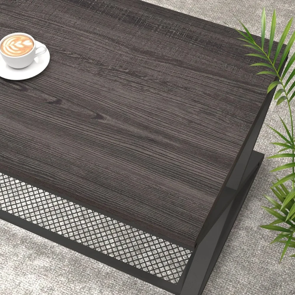 Industrial Grey Coffee Table, 2 Tier Wood Living Room Table, Wooden Rectangle Center Table Storage, Low Cocktail Tea Table