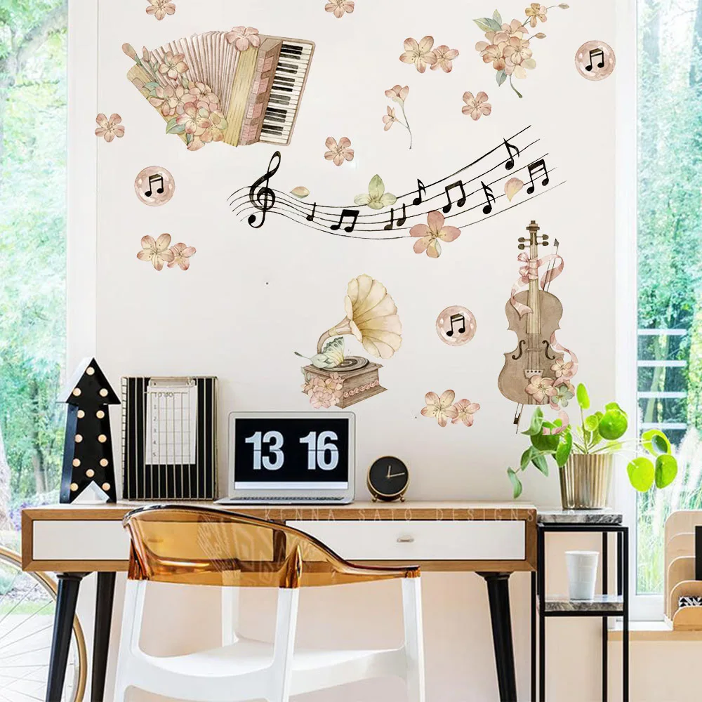 Music Piano Violin Gramophone Wall Stickers Floral Instrument  Music School Wall Decals for Bedroom Studio Home Wall Decor
