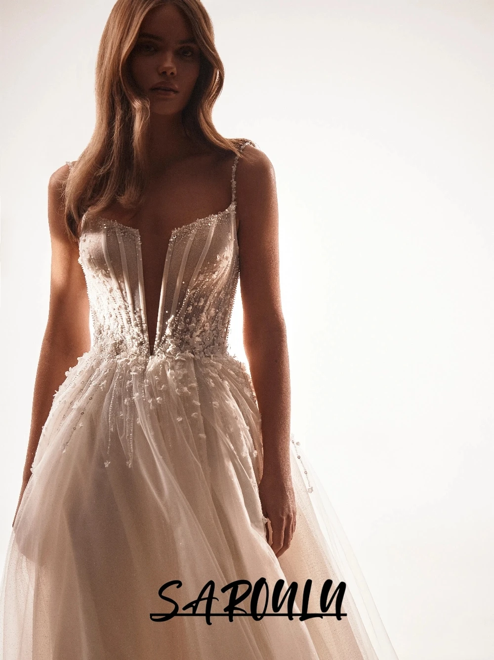 

Sexy Deep V Neck Wedding Dress Beaded Spaghetti Straps Customized Bridal Gown Glitter Ethereal Romantic A Line Bride Wear