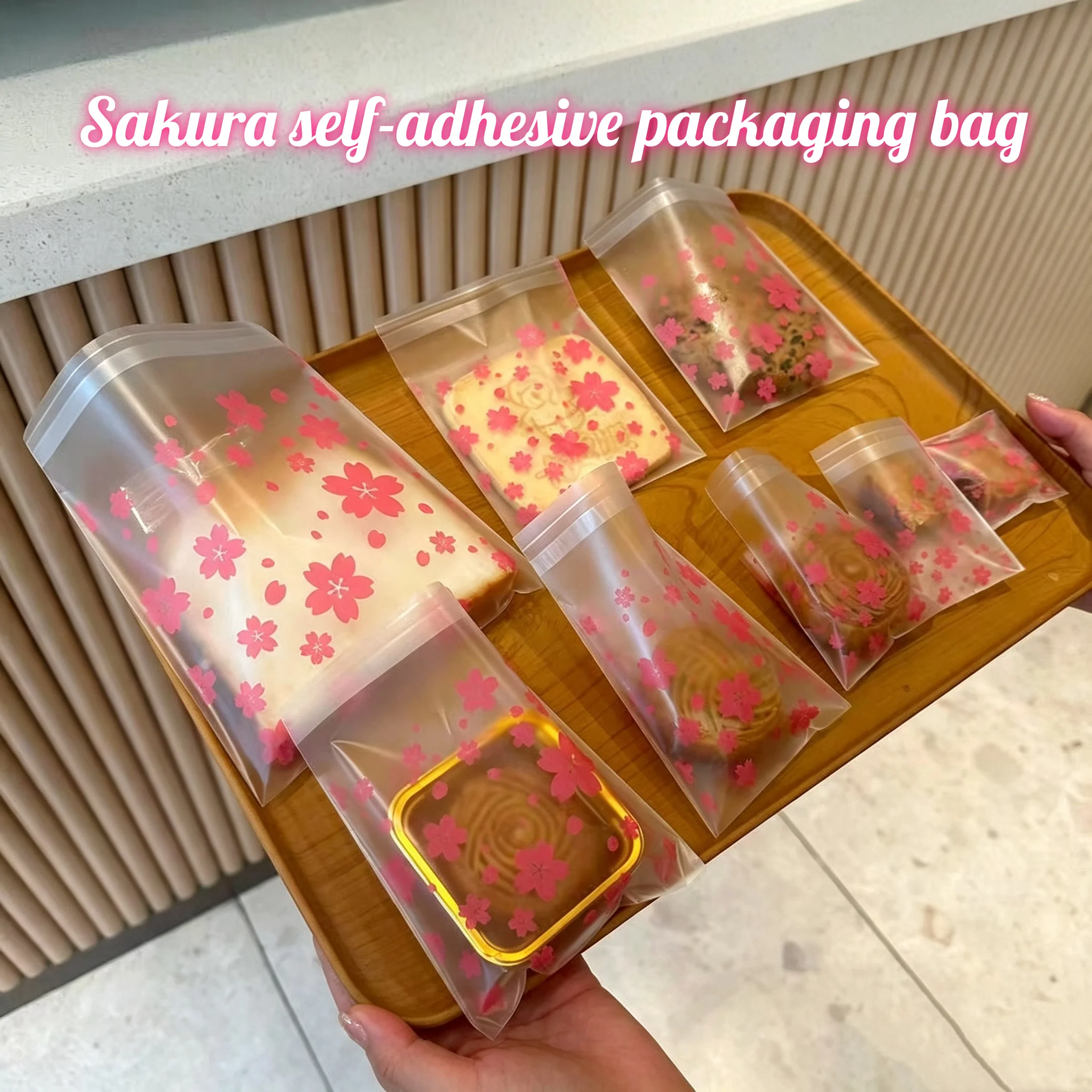    Sac auto-scellant transparent Sakura, sac en plastique à motif de fleurs roses, sac de rangement pour bonbons et biscuits, sac d'emballage pour bijoux, 100 pièces