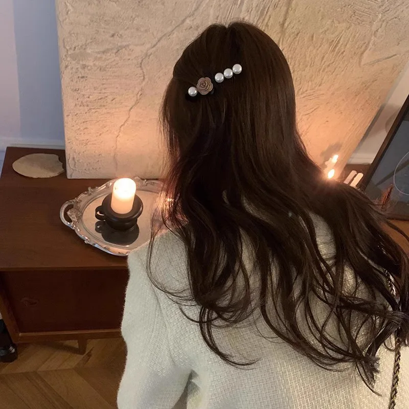 Premium Pearl Rose Top Clip Khaki Color Side Bangs Hair Clasp for Girls Back of Head Daily Chic
