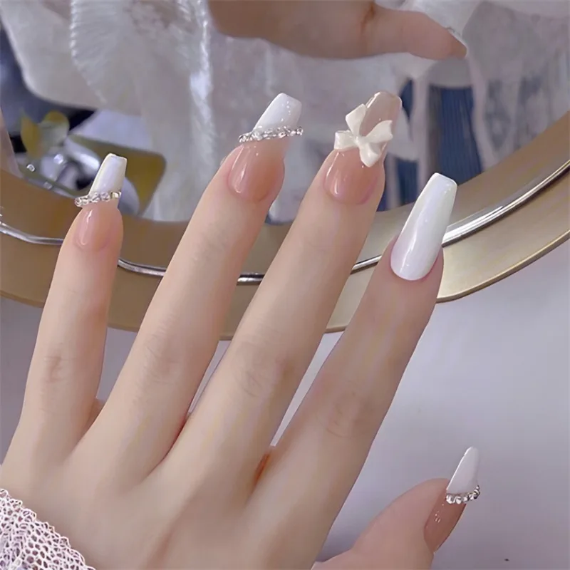 24 pz/set Rosa con Diamanti Tulipano Indossare Unghie Finte Art Rimovibile Riutilizzabile Unghie Finte Kit Acrilico Artificiale Presse su Nail Art