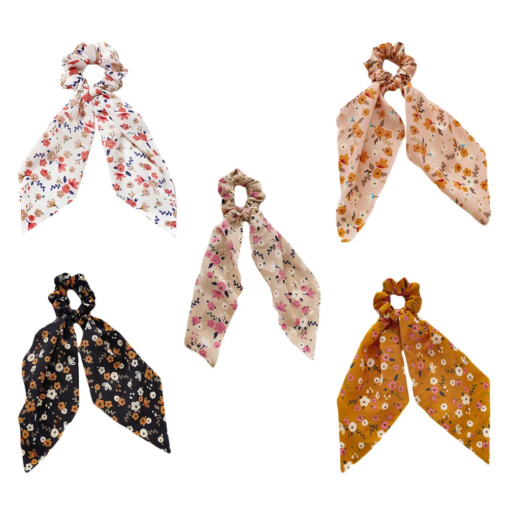 5 Pcs Floral Ribbon Cloth Hair Decorative Headwear Printing Scrunchies Rope Accessories Ring Scarves Long Ties Women's