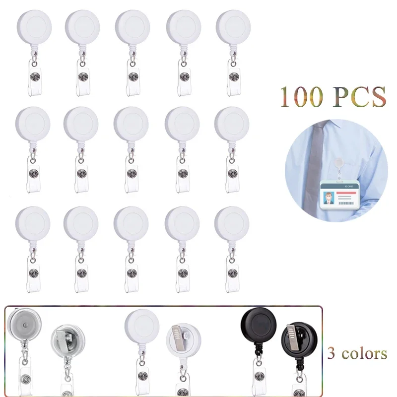 100 Pack White/Black/Translucent Retractable ID Name Badge Holder Reels with Swivel Alligator Clip Bulk Pack Premium Badge