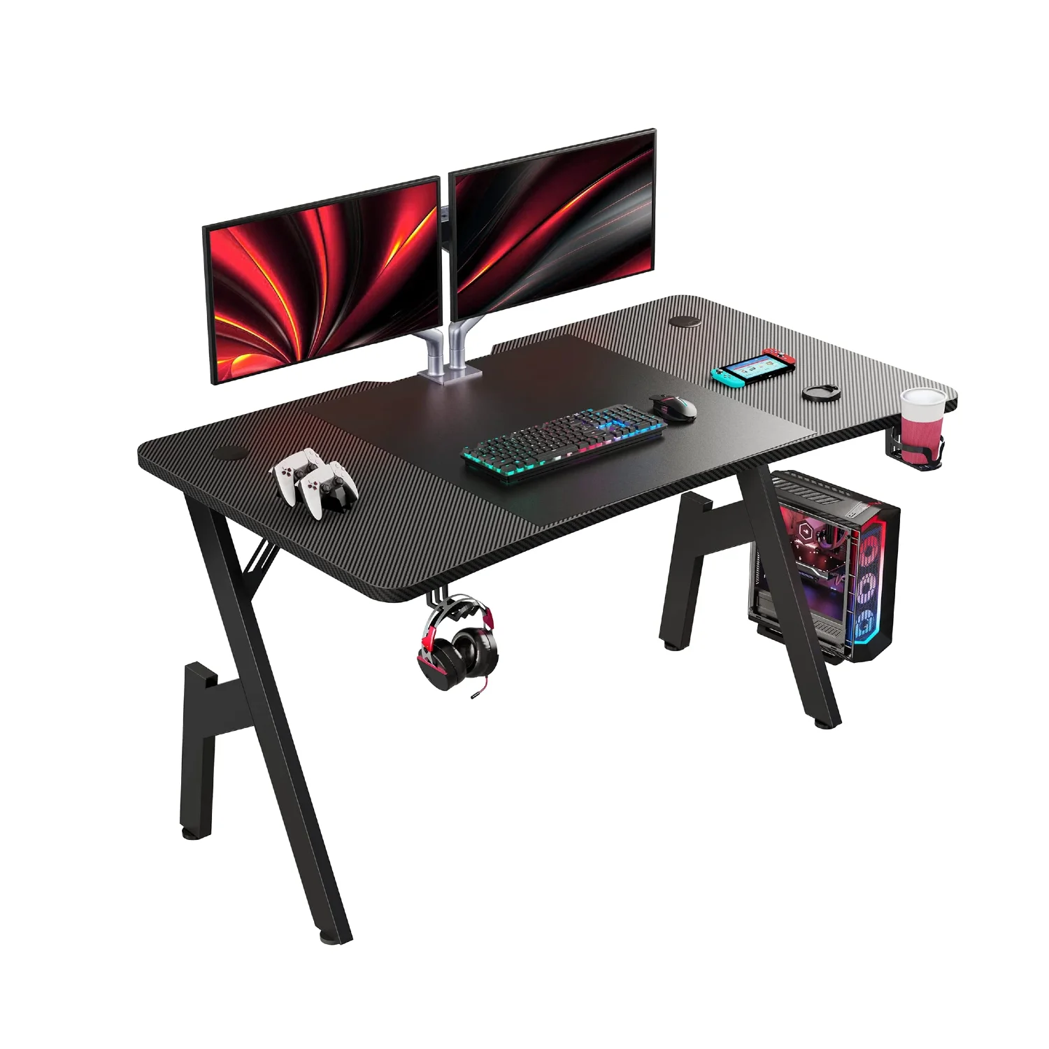 80/100/120/140 cm A-förmiger Gaming-Schreibtisch aus Kohlefaser, ergonomische Computer-Arbeitsstation, Home-Office-Tisch mit Getränkehalter, Kopfhörerhaken, stabiler Stahlrahmen, einfach zu montieren,