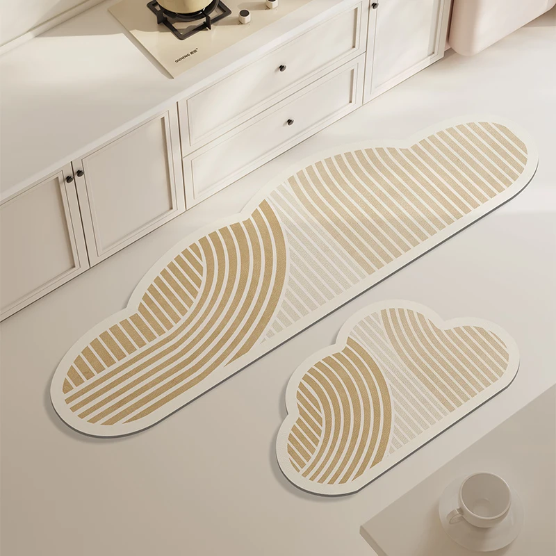 

Cloud Shape PVC Kitchen Carpet Beige Light Brown Line Carpet Artistic Striped Decorative Rug Waterproof Oil-proof Easy Clean Rug