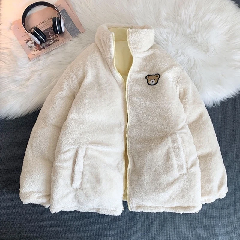 Cute Embroidery Women Parkas Coat Winter Thick Hairy Korean Loose Warm Jacket For Women Double Sided Design Pink Student Clothes