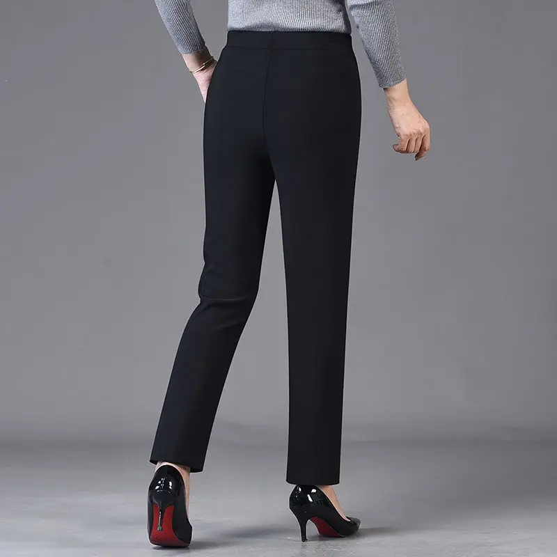 Calça casual de bolso reto feminina, pendulares, cintura alta, fina, simplicidade, roupas da moda, monocromáticas, primavera