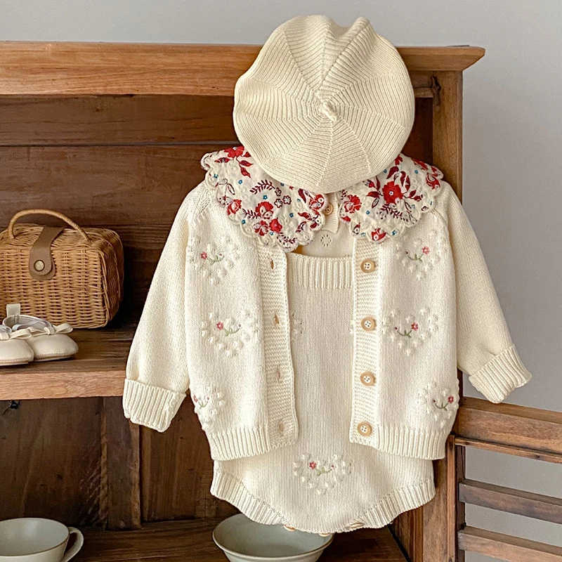 2024 New Autumn Newborn Baby Girl Clothing Set Long Sleeved Embroidery Cardigan+Jumpsuit Toddler Baby Girl Knitting Clothes Suit