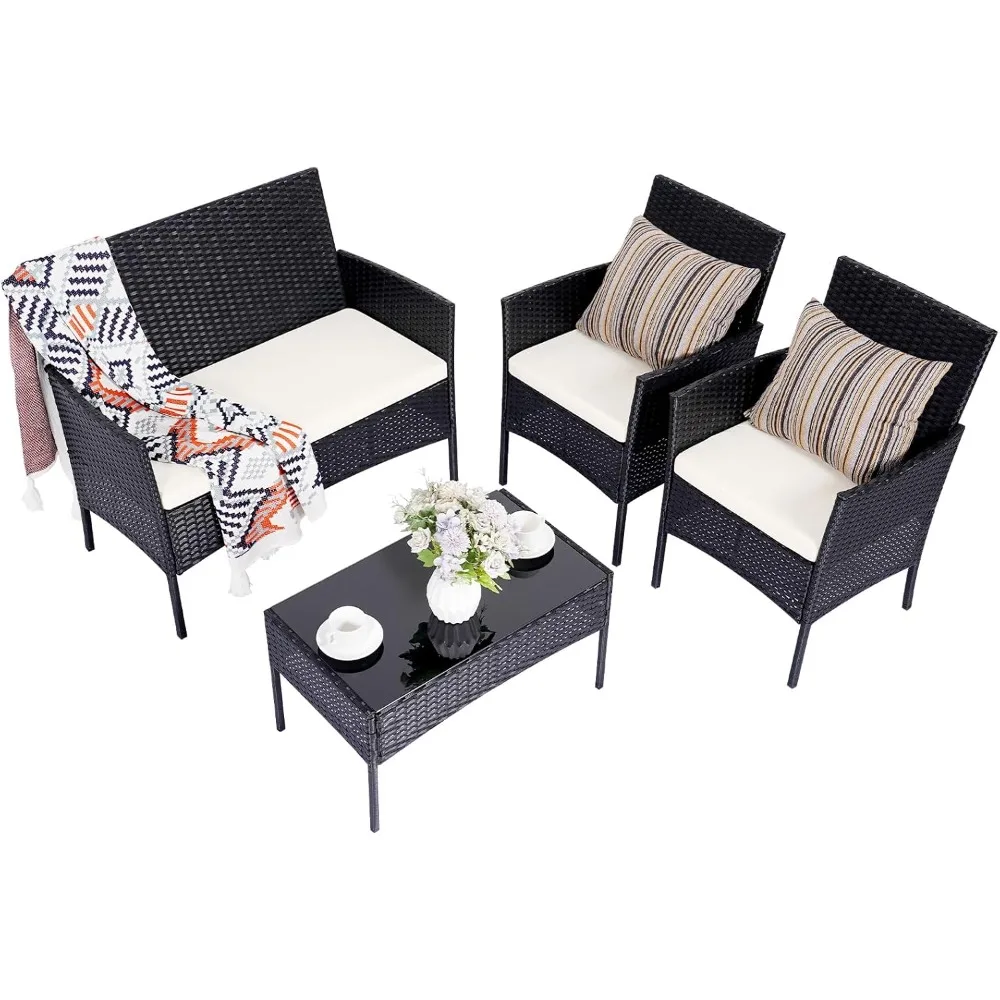 

4 Pieces Conversation Garden Furniture Set ,Outdoor PE Rattan Chair with Cushion Tempered Glass Table Garden Balcony Sets